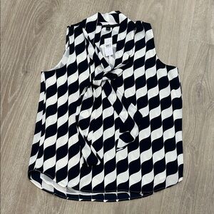 Ann Taylor Black and White Geometric Tie-Neck Sleeveless Blouse
